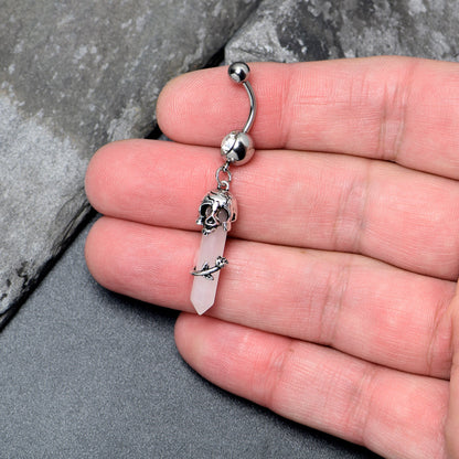 Pink Rose Quartz Skull Obelisk Rose Dangle Belly Ring