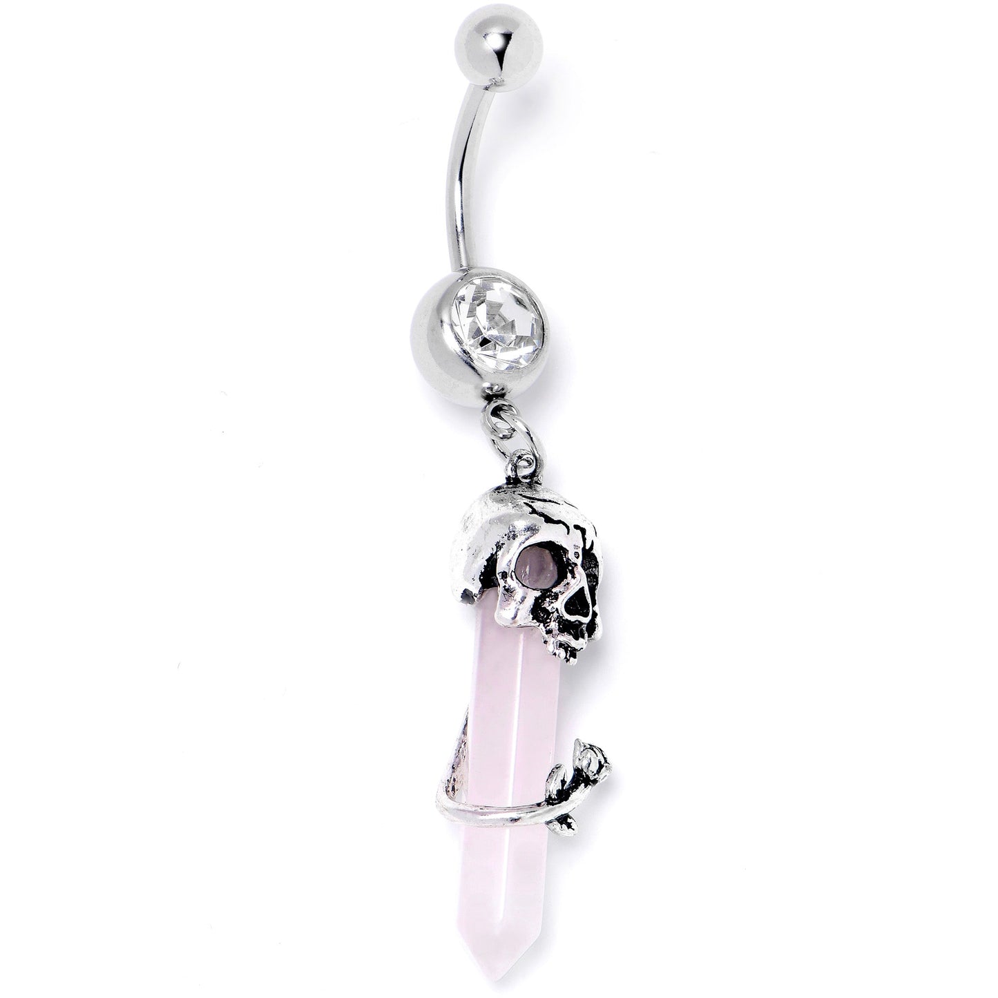 Pink Rose Quartz Skull Obelisk Rose Dangle Belly Ring