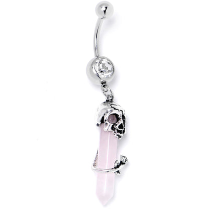 Pink Rose Quartz Skull Obelisk Rose Dangle Belly Ring