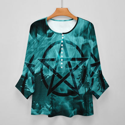 Blue Pentagram Ruffled Petal Sleeve Top