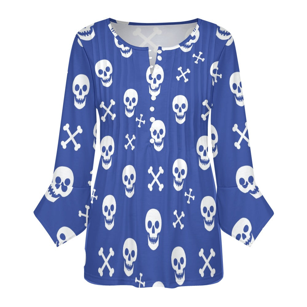 Blue Skull Print Ruffled Petal Sleeve Top