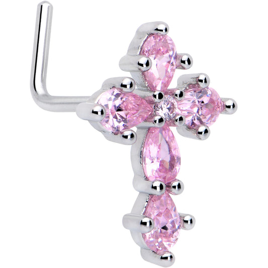 20G 7mm Pink CZ Gem Classic Cross L Shape Nose Ring