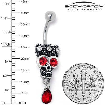 Red Clear CZ Gem Crowned Skull Dangle Belly Ring