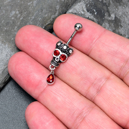 Red Clear CZ Gem Crowned Skull Dangle Belly Ring
