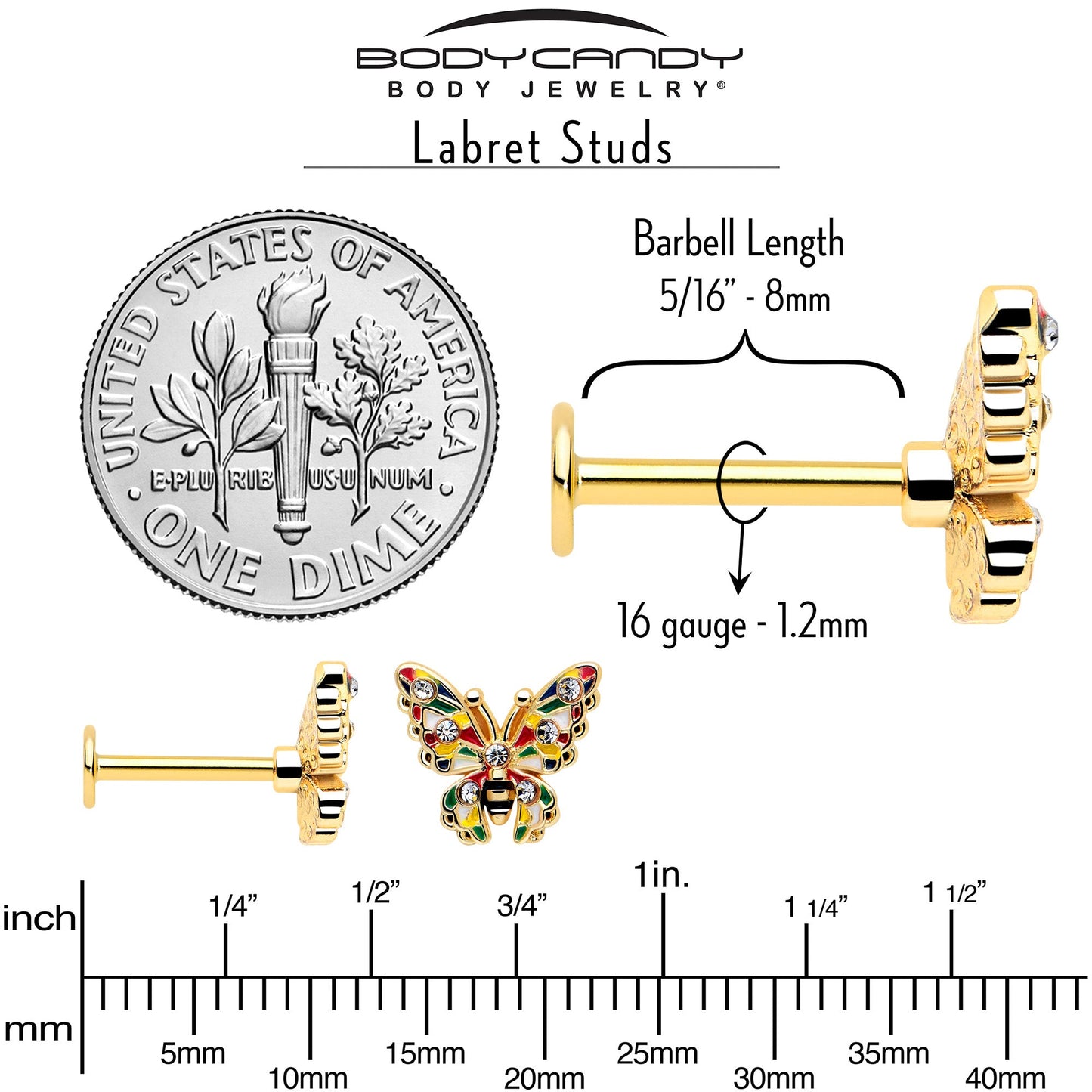 16G 5/16 Clear Gem Gold Tone Color Block Butterfly Labret Tragus