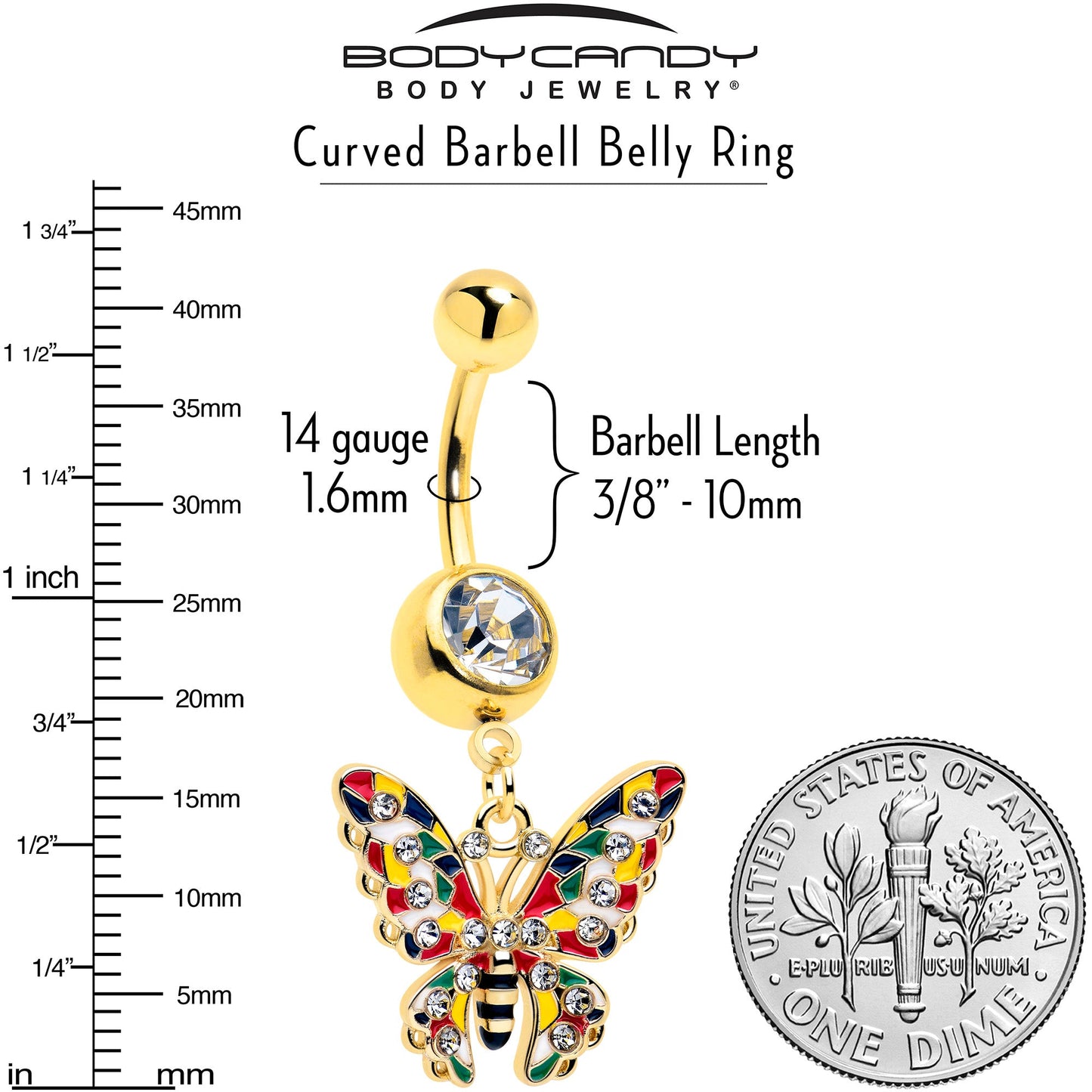 Clear Gem Gold Tone Color Block Butterfly Dangle Belly Ring