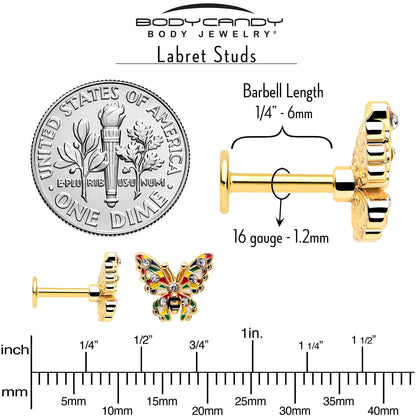 16G 1/4 Clear Gem Gold Tone Color Block Butterfly Labret