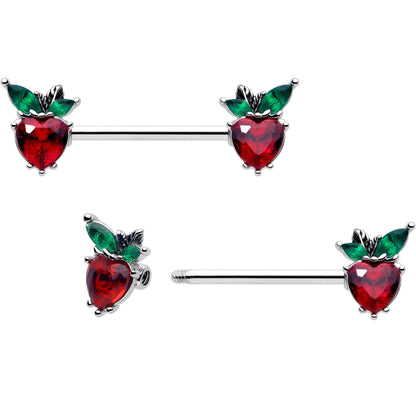 14G 9/16 Red Green Gem Strawberry Heart Barbell Nipple Ring Set
