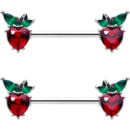 14G 9/16 Red Green Gem Strawberry Heart Barbell Nipple Ring Set