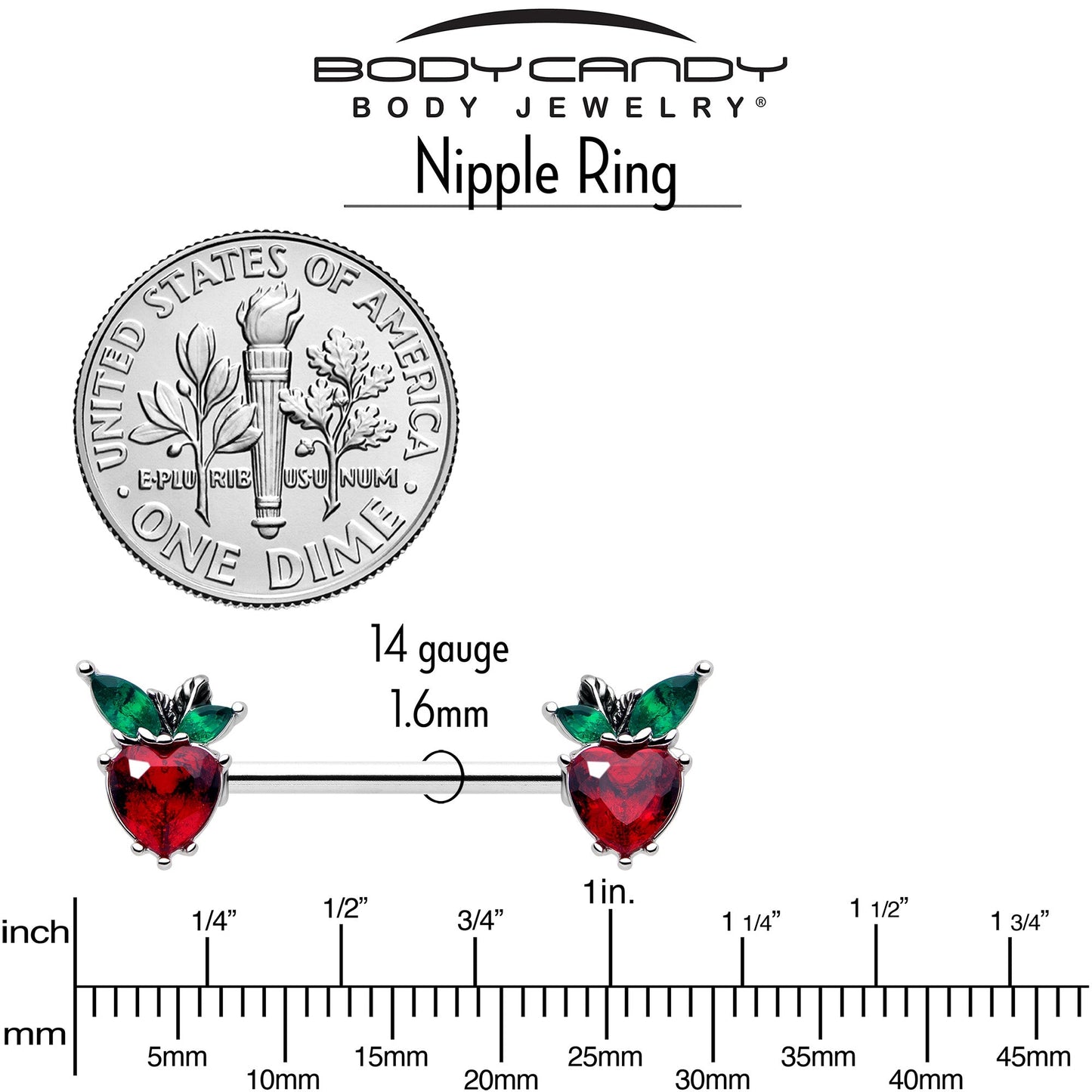 14G 9/16 Red Green Gem Strawberry Heart Barbell Nipple Ring Set