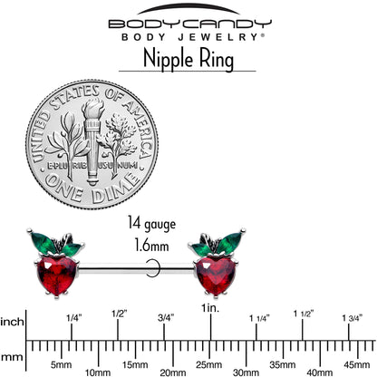 14G 9/16 Red Green Gem Strawberry Heart Barbell Nipple Ring Set