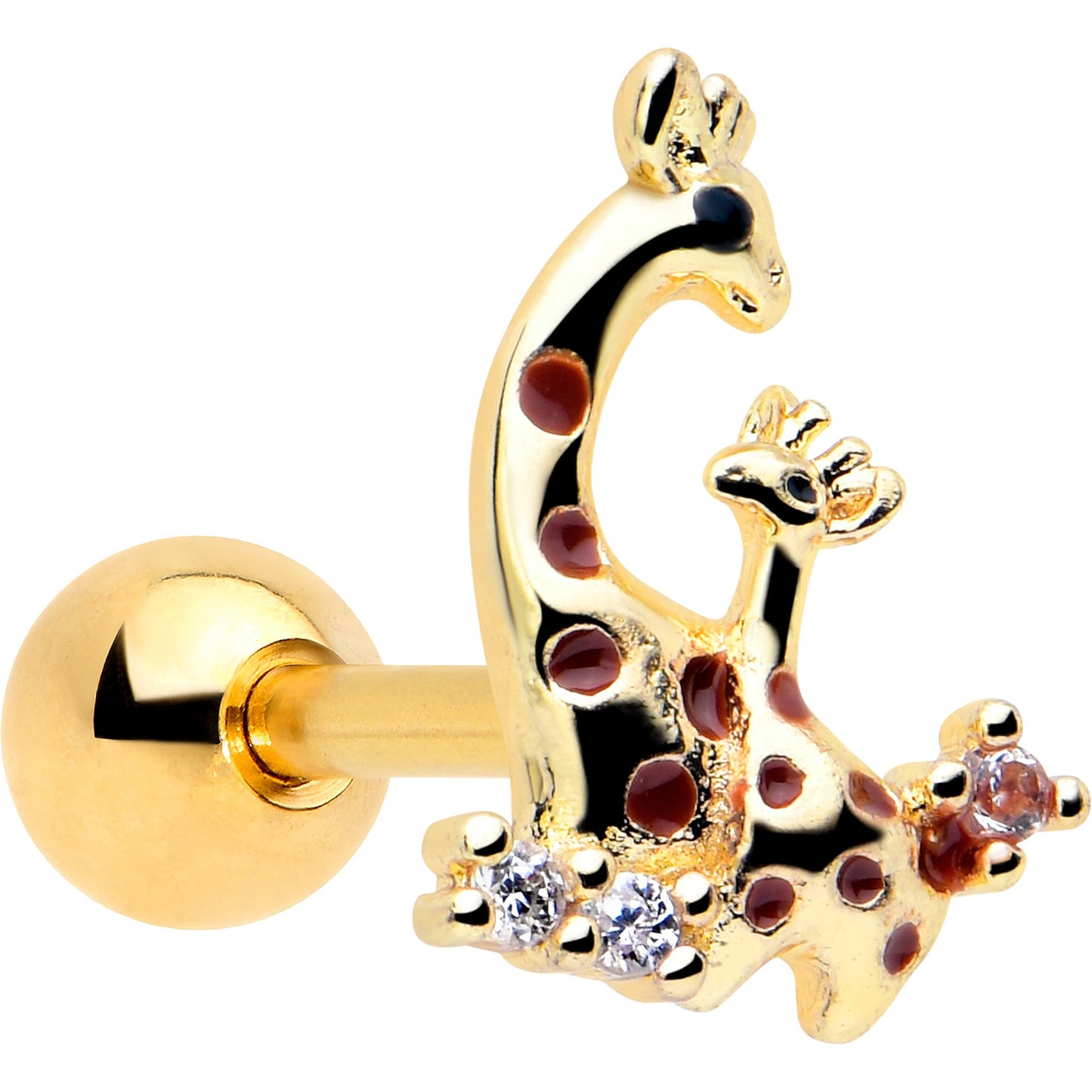 16G 1/4 Clear CZ Gem Gold Tone Mom Baby Giraffes Cartilage Earring