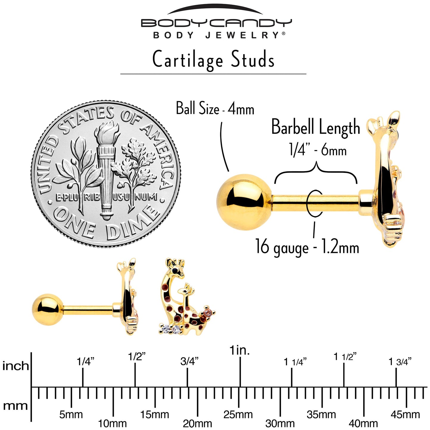 16G 1/4 Clear CZ Gem Gold Tone Mom Baby Giraffes Cartilage Earring