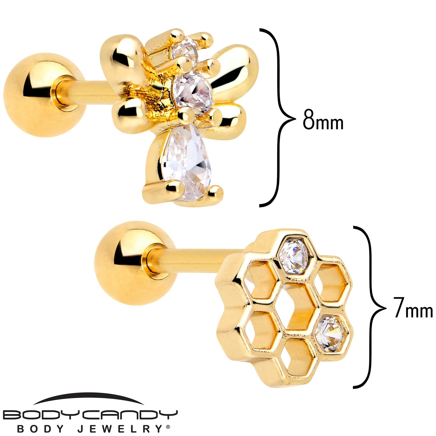 16G 1/4 Clear CZ Gem Gold Tone Bee Hive Luv Cartilage Earring Set of 2