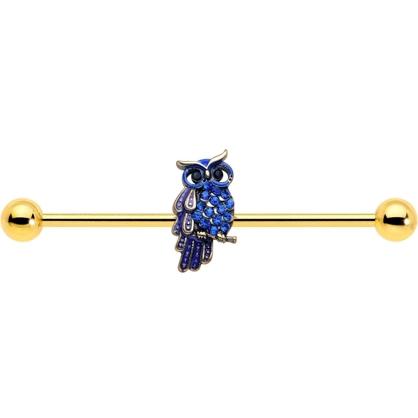 14G Blue Gem Gold Tone Sky Owl Industrial Barbell 38mm