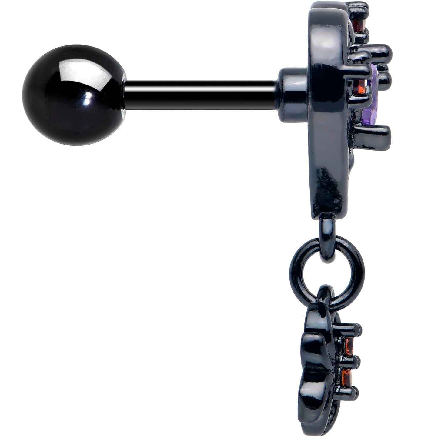 16G 1/4 Red CZ Gem Black Heart Spider Skull Dangle Cartilage Earring