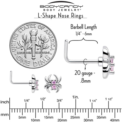 20G 7mm Pink CZ Gem Sleek Spider L Shape Nose Ring