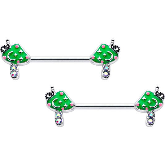 14G 9/16 Aurora Gem Fanciful Green Mushroom Barbell Nipple Ring Set