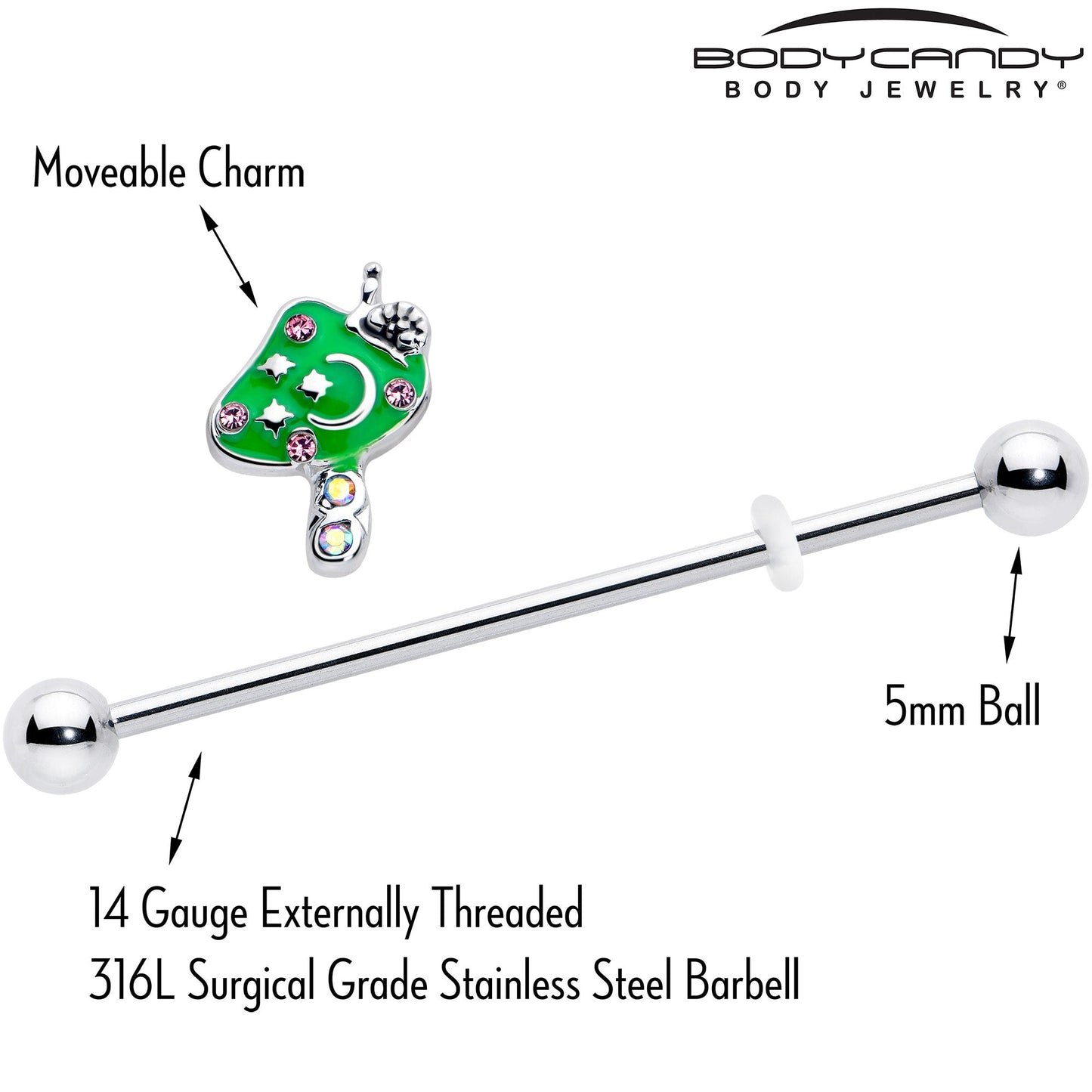 14G Pink Gem Fanciful Green Mushroom Industrial Barbell 38mm