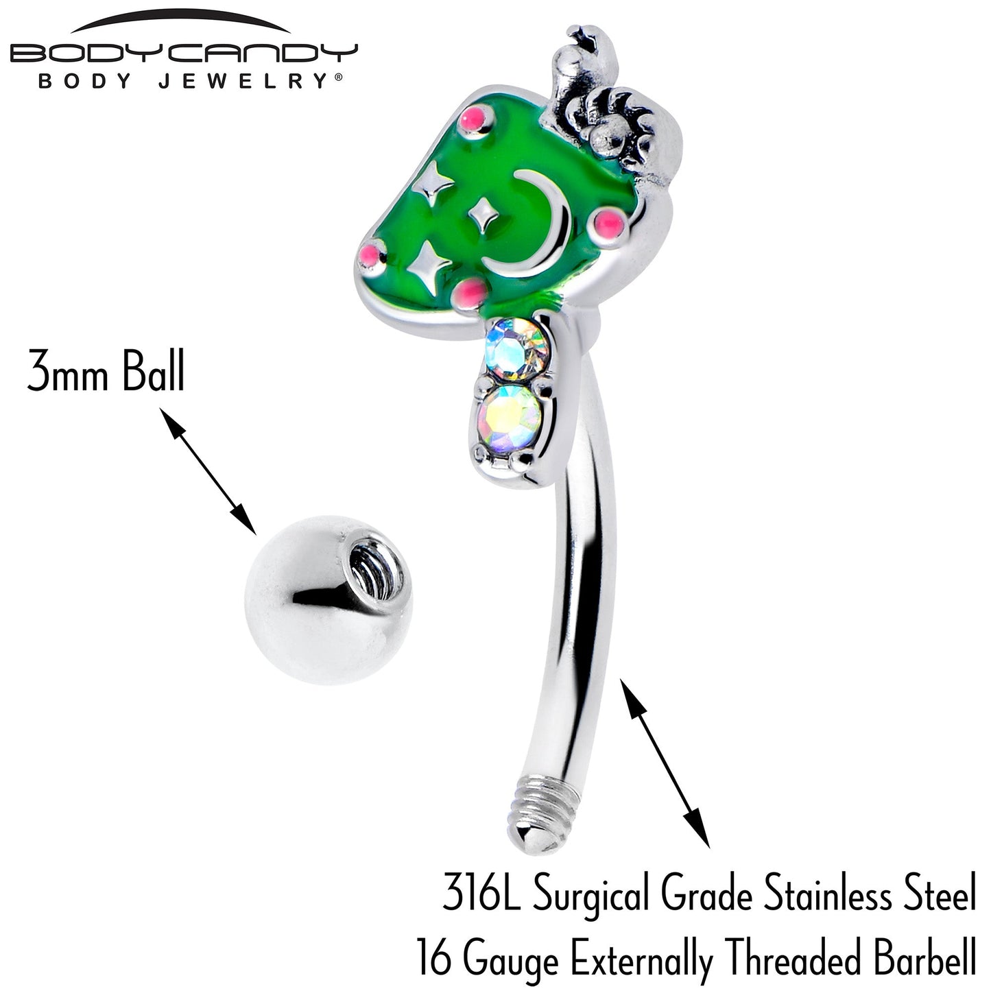 16G 5/16 Aurora Gem Fanciful Green Mushroom Curved Eyebrow Ring