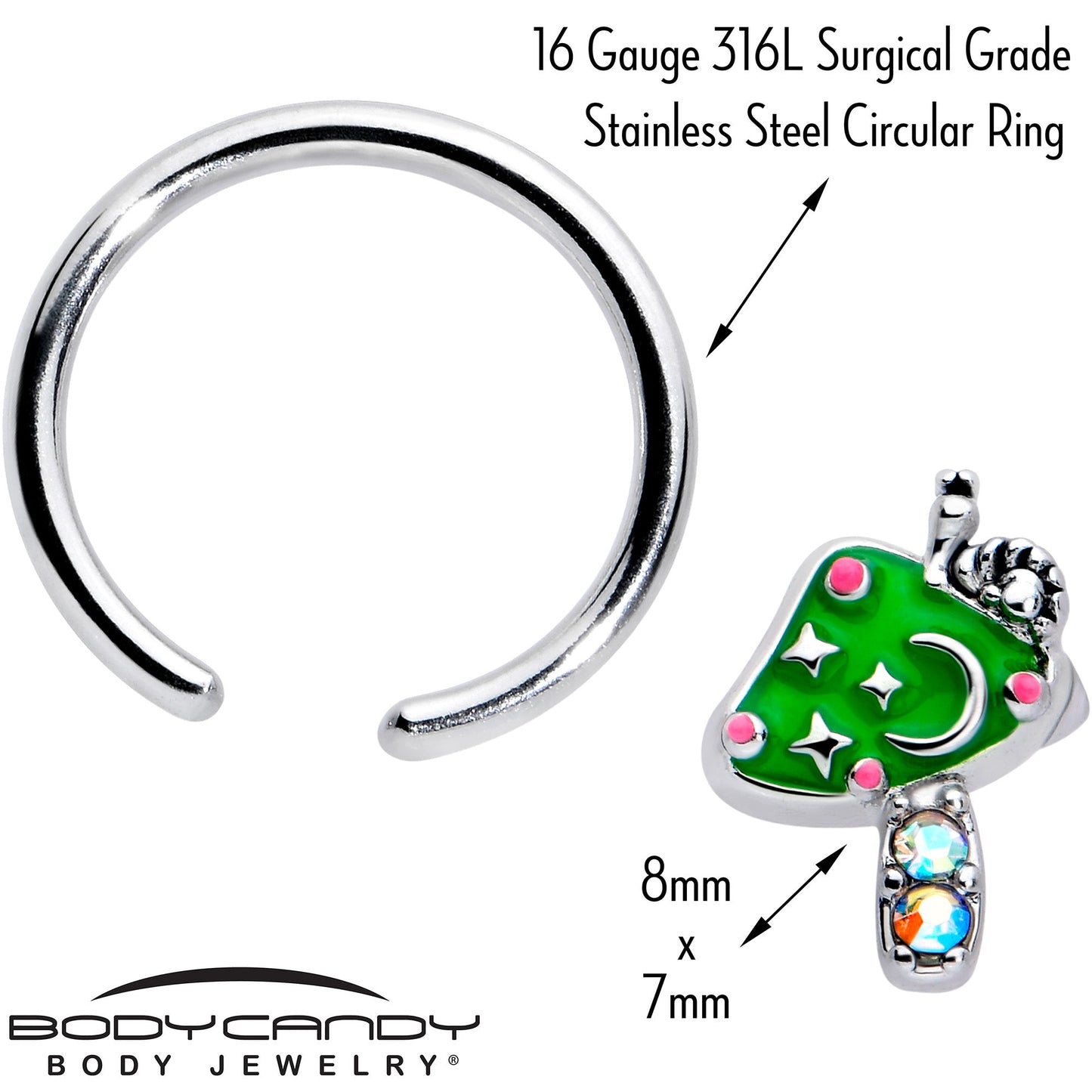 16G 3/8 Aurora Gem Fanciful Green Mushroom BCR Captive Ring