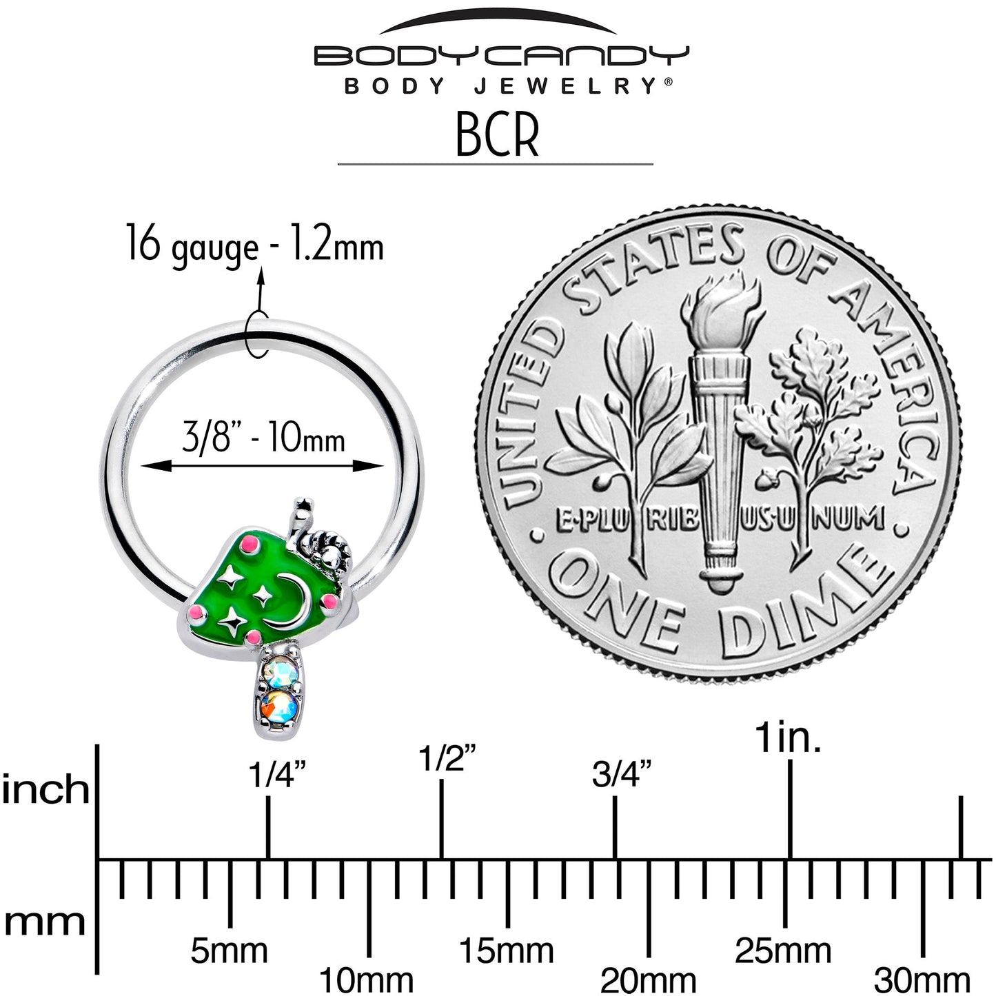 16G 3/8 Aurora Gem Fanciful Green Mushroom BCR Captive Ring