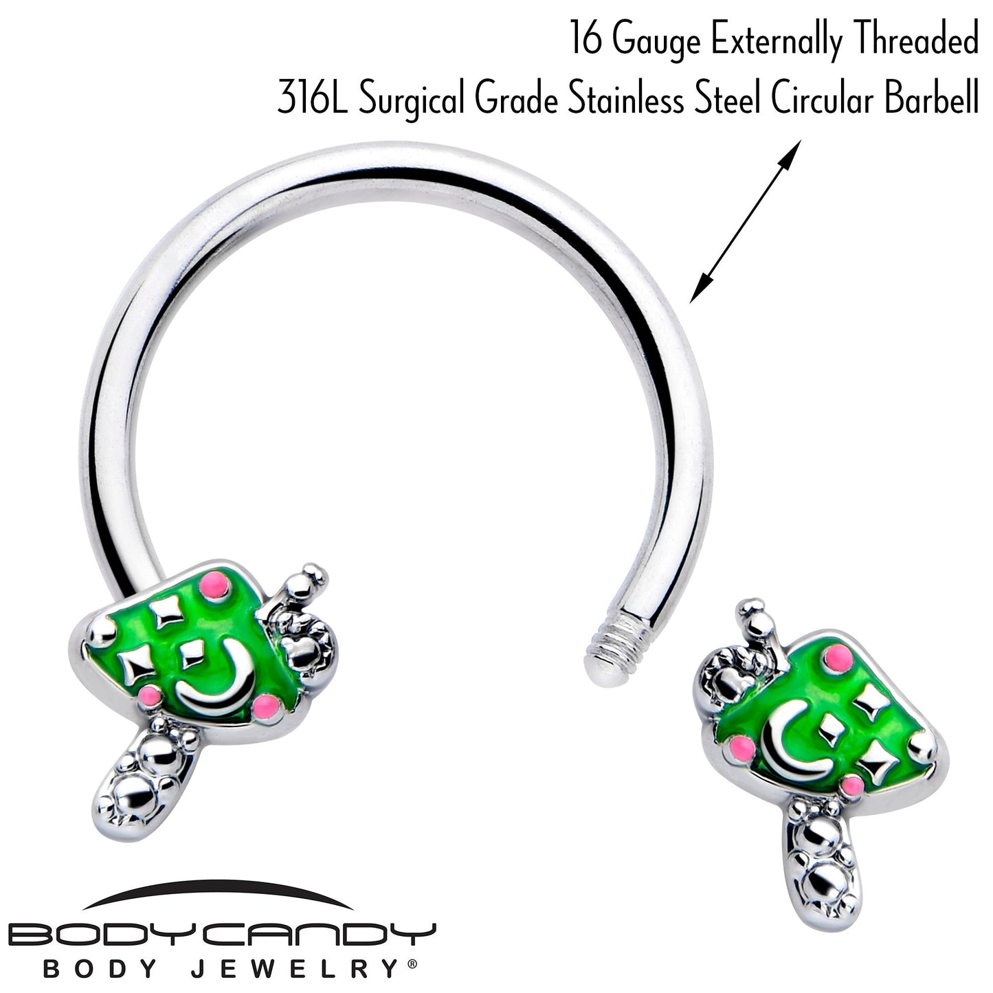 16G 3/8 Fanciful Green Mushrooms Horseshoe Circular Barbell