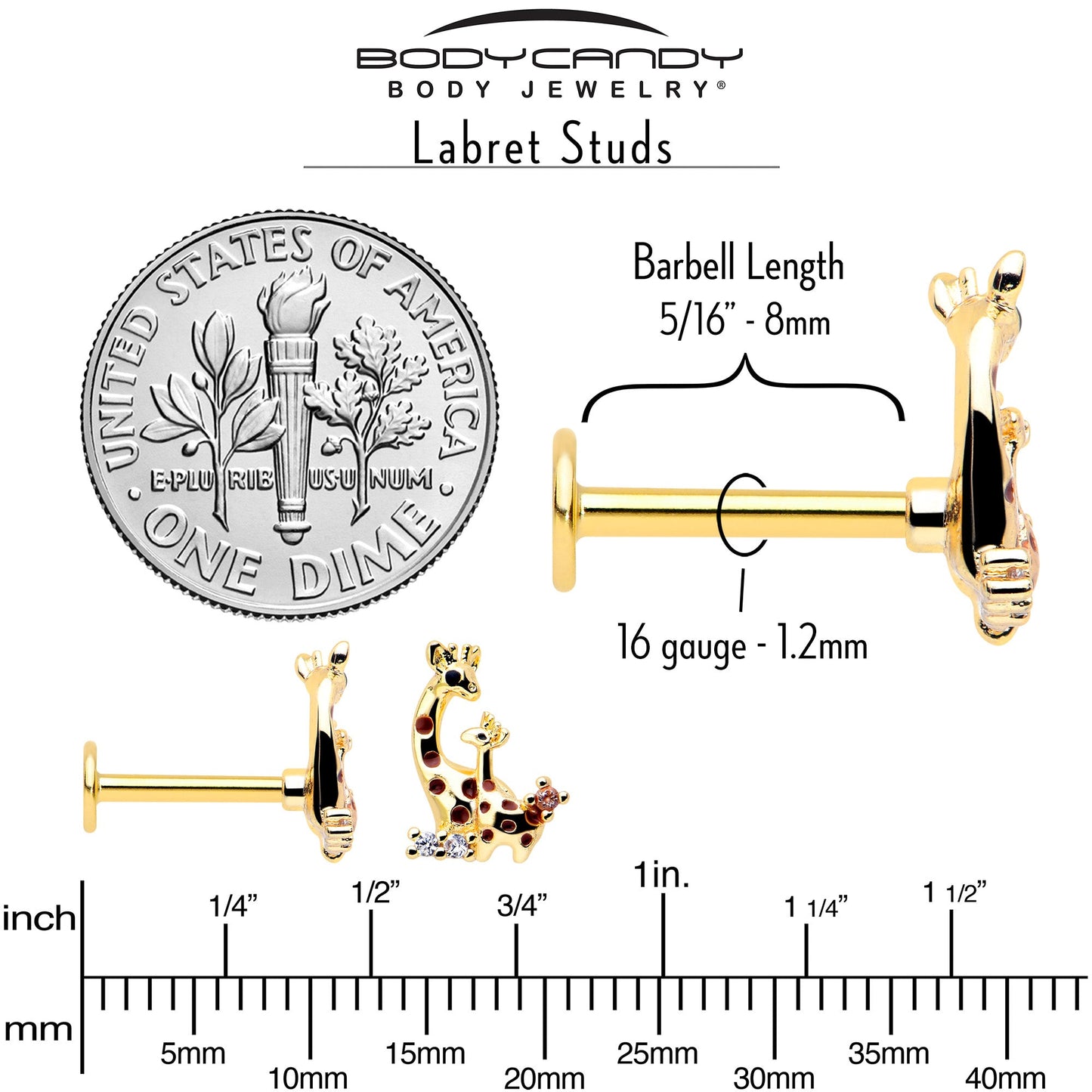 16G 5/16 Clear CZ Gem Gold Tone Mom Baby Giraffe Flatback Stud