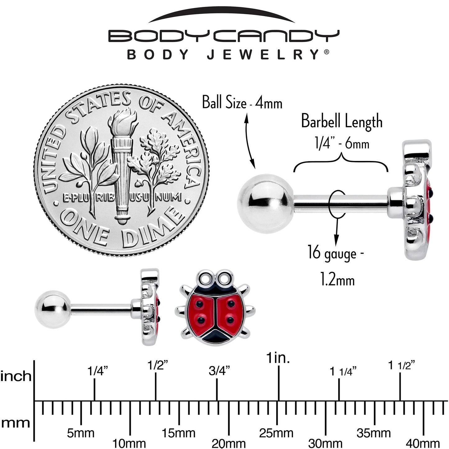 16G 1/4 Ladybug Hippie Flower Cartilage Tragus Earring Set of 3
