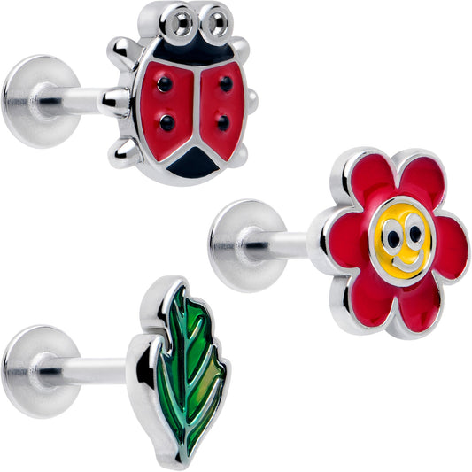 16G 5/16 Ladybug Hippie Flower Labret Monroe Tragus Set of 3