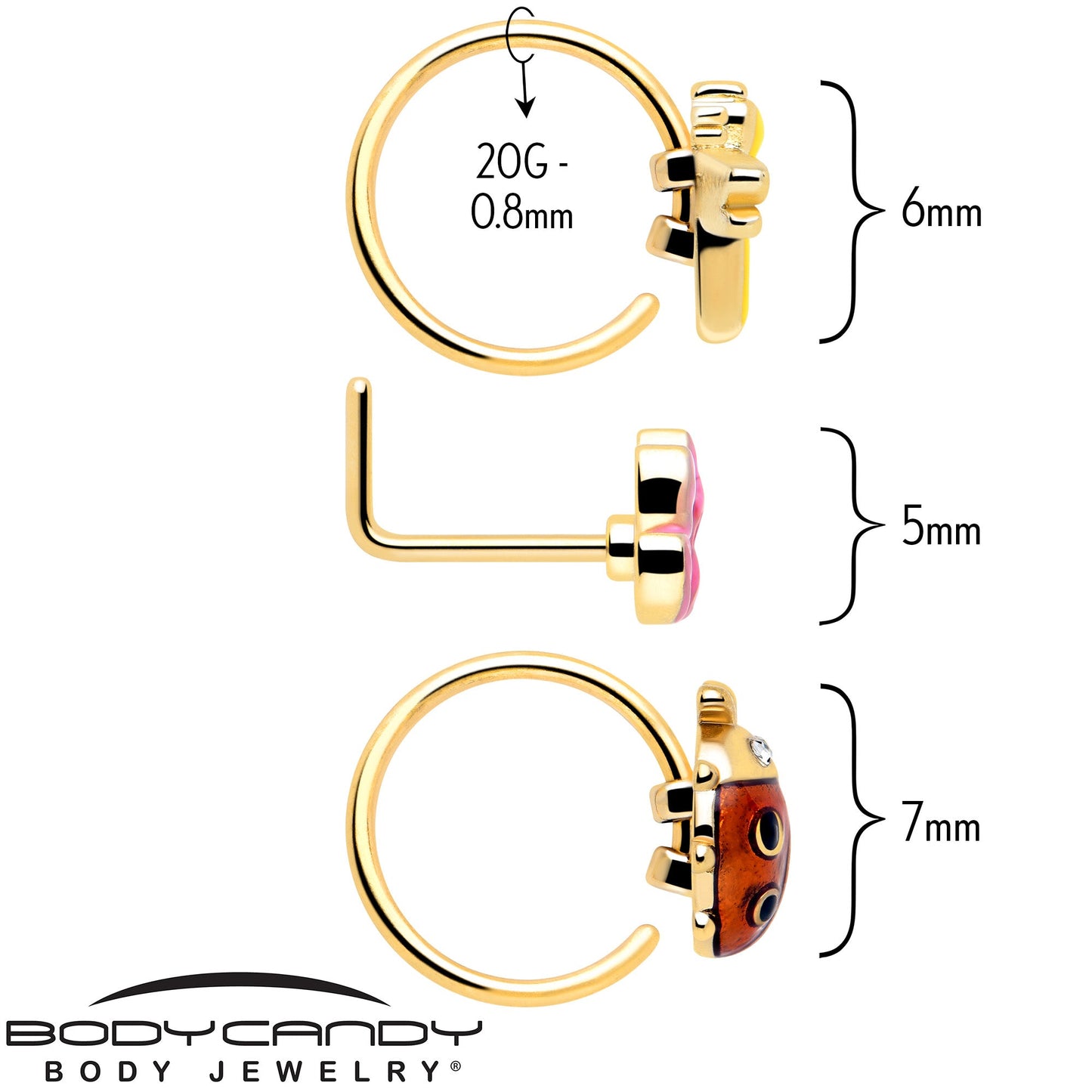 20G Clear Gem Gold Tone Lotus Ladybug L Shape Nose Hoop Set of 3