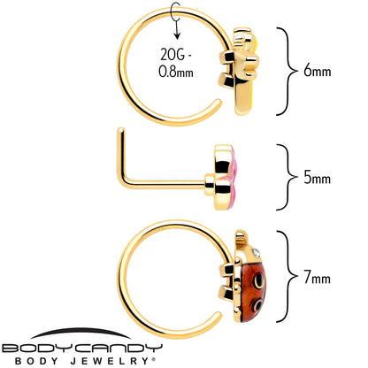 20G Clear Gem Gold Tone Lotus Ladybug L Shape Nose Hoop Set of 3