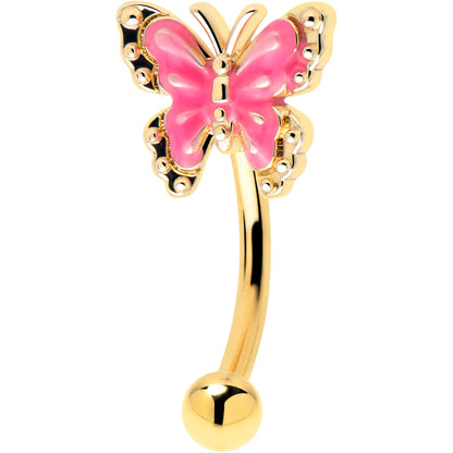 16G 5/16 Gold Tone Butterfly Pink Splash Curved Eyebrow Ring