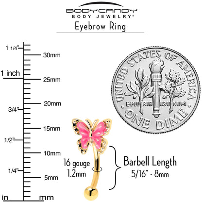 16G 5/16 Gold Tone Butterfly Pink Splash Curved Eyebrow Ring