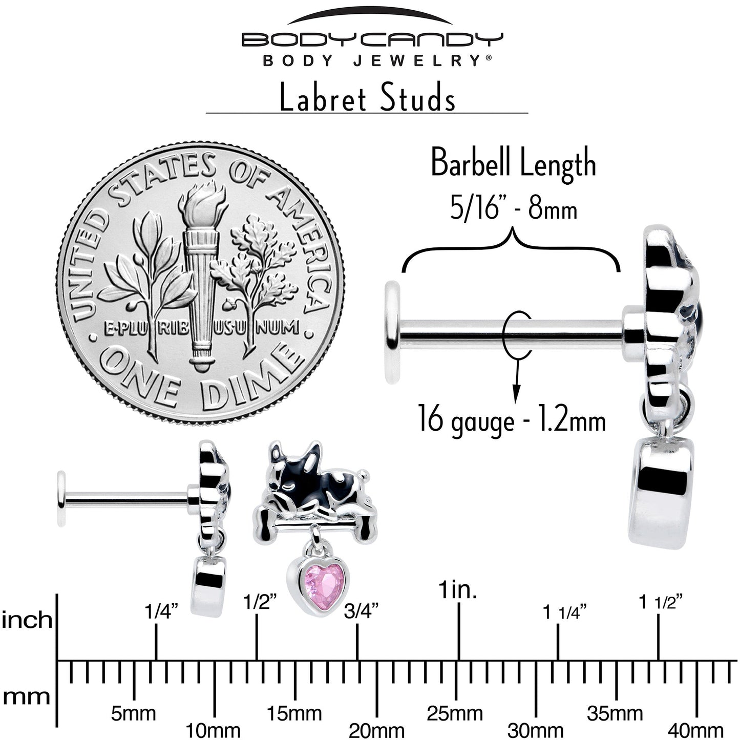 16G 5/16 Pink Gem Sleepy French Bulldog Dangle Labret Monroe Tragus