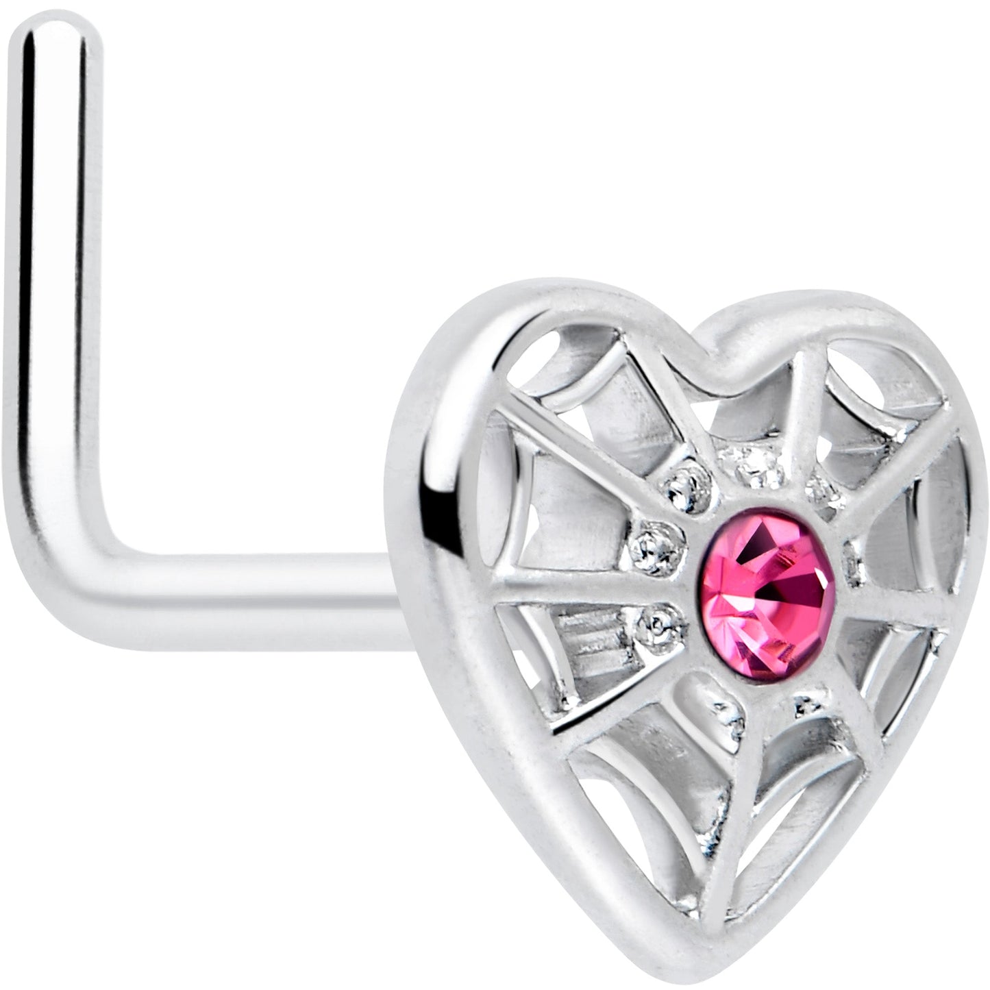 20G 7mm Pink Gem Spiderweb Heart Love L Shape Nose Ring