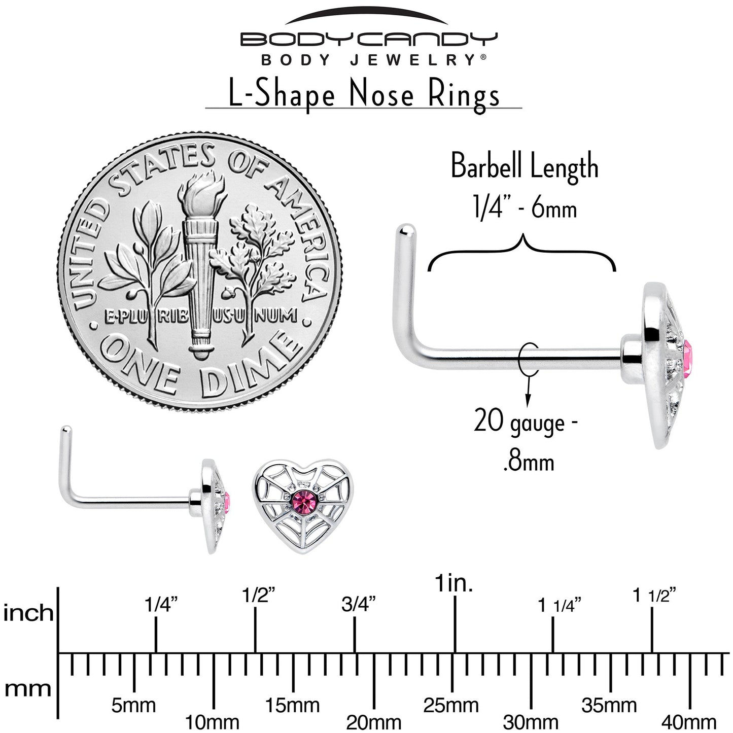 20G 7mm Pink Gem Spiderweb Heart Love L Shape Nose Ring