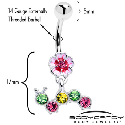 Pink Green Gem Caterpillar Flower Dangle Belly Ring