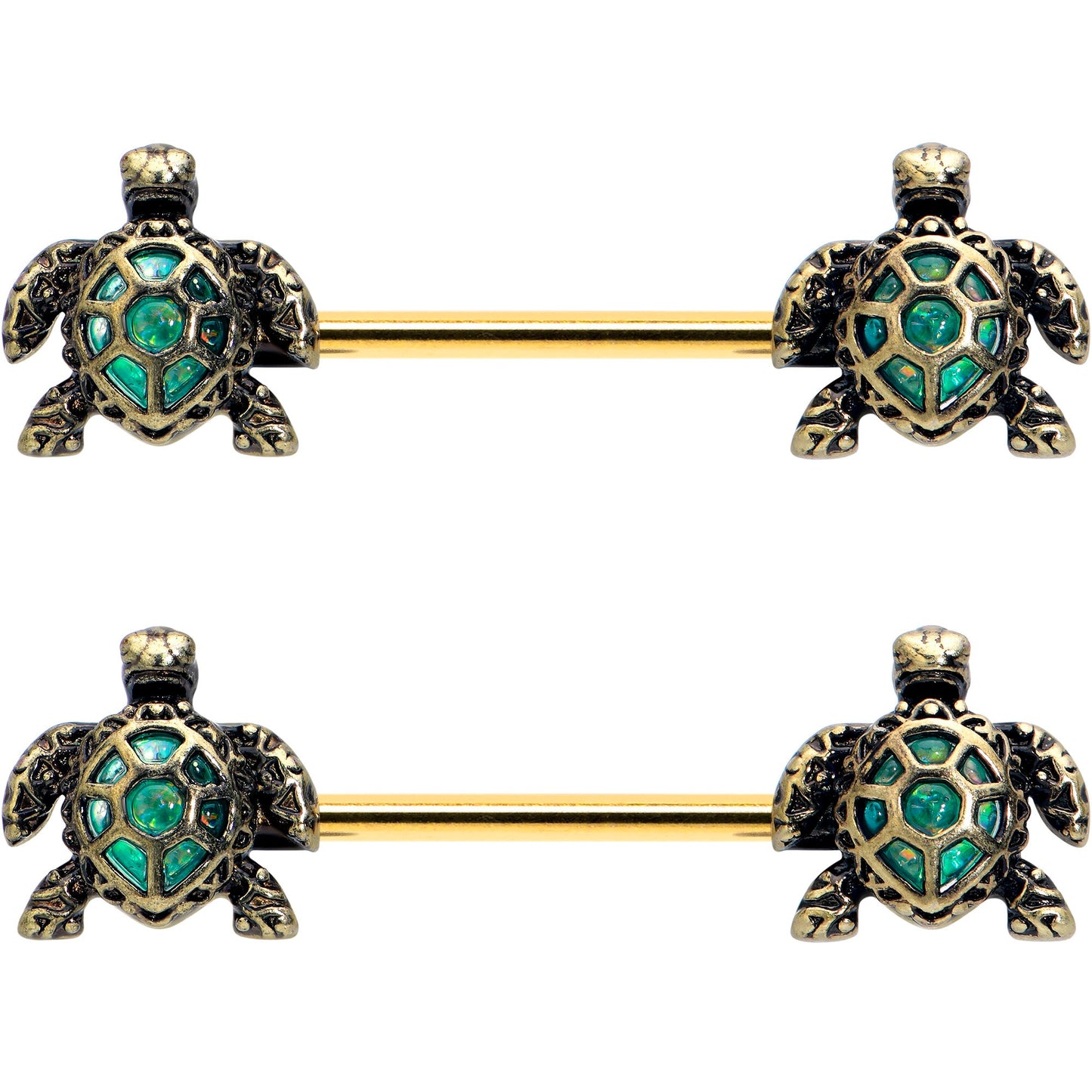 14G 5/8 Gold Tone Anodized Sea Turtle Style Barbell Nipple Ring Set