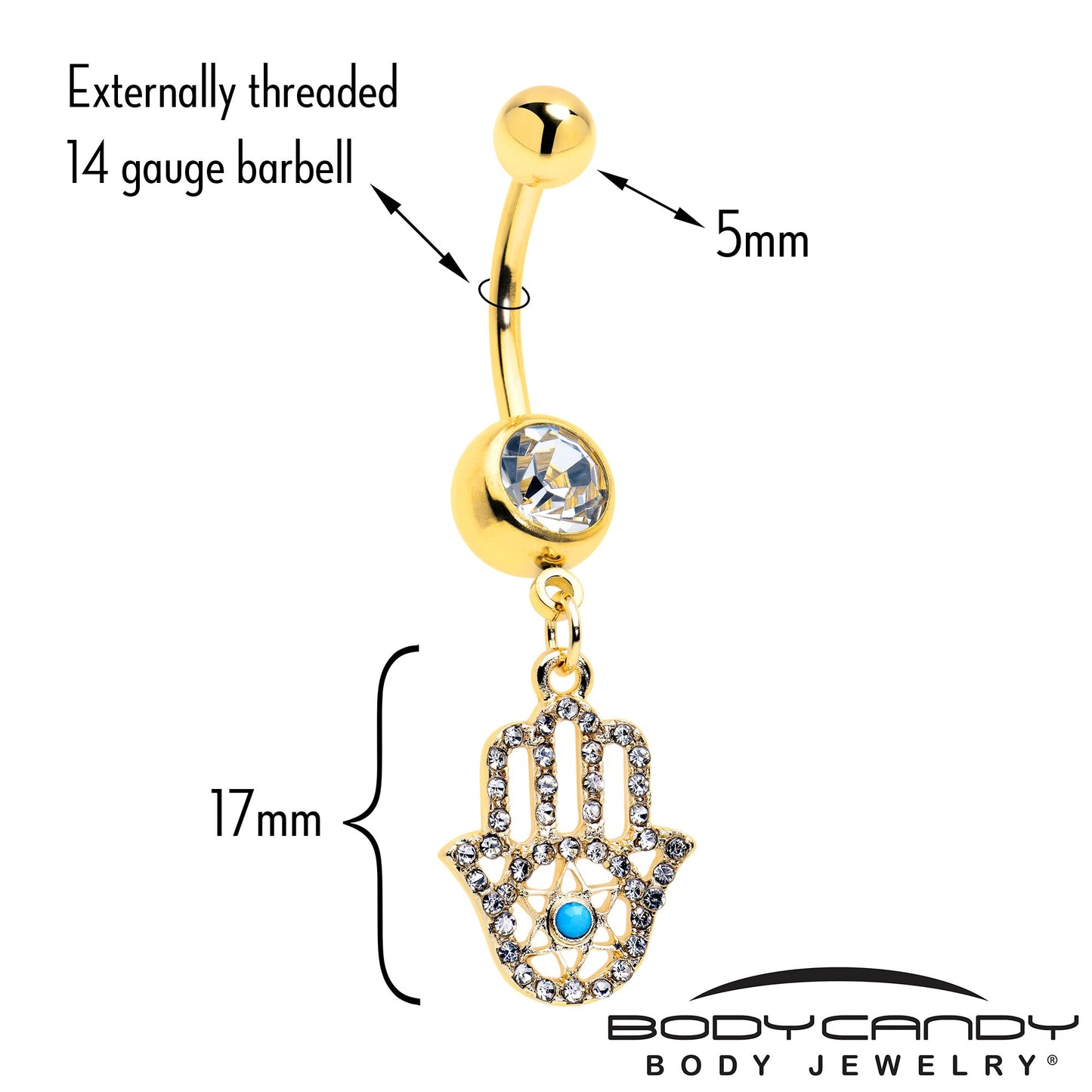 Clear CZ Gem Gold Tone Anodized Hamsa Hand Star Dangle Belly Ring