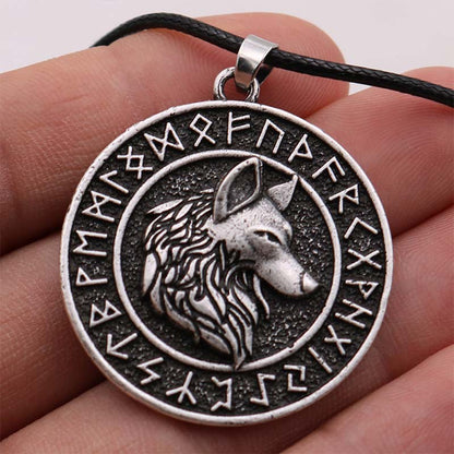 Viking Wolf Head Rune Metal Necklace 23.6''