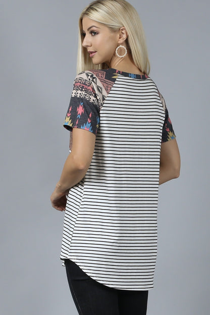 Aztec Stripe Print Sequin Pocket Accent Top