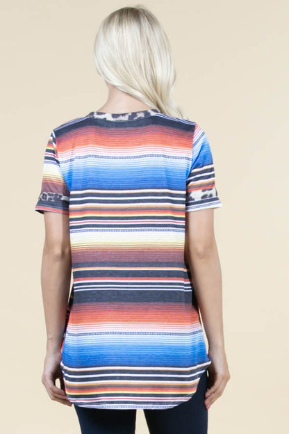 Stripe And Animal Print Short Sleeve Top