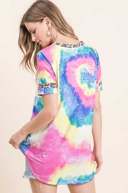 Tie Dye Animal Print Contrast Short Sleeve Top