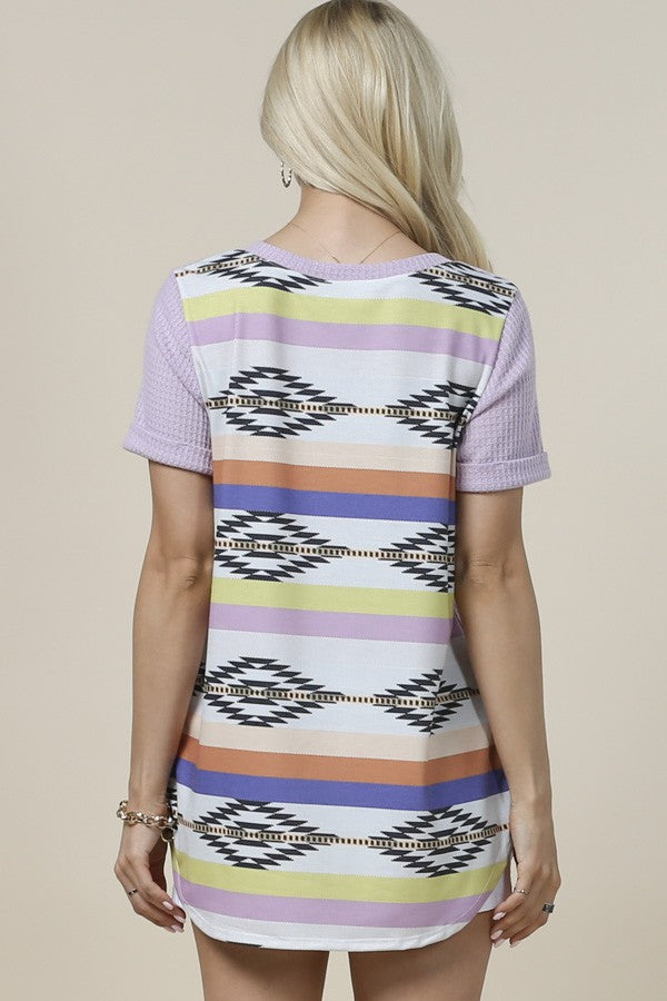 Aztec Print Color Block Waffle Top