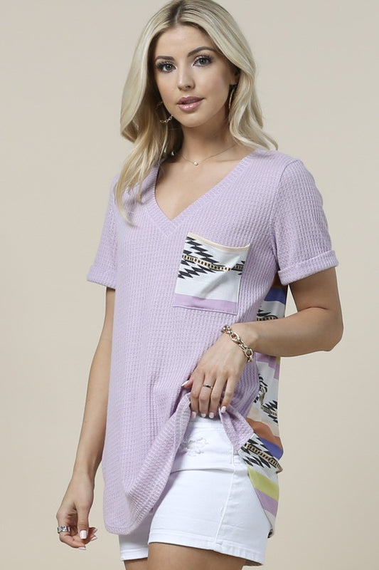 Aztec Print Color Block Waffle Top
