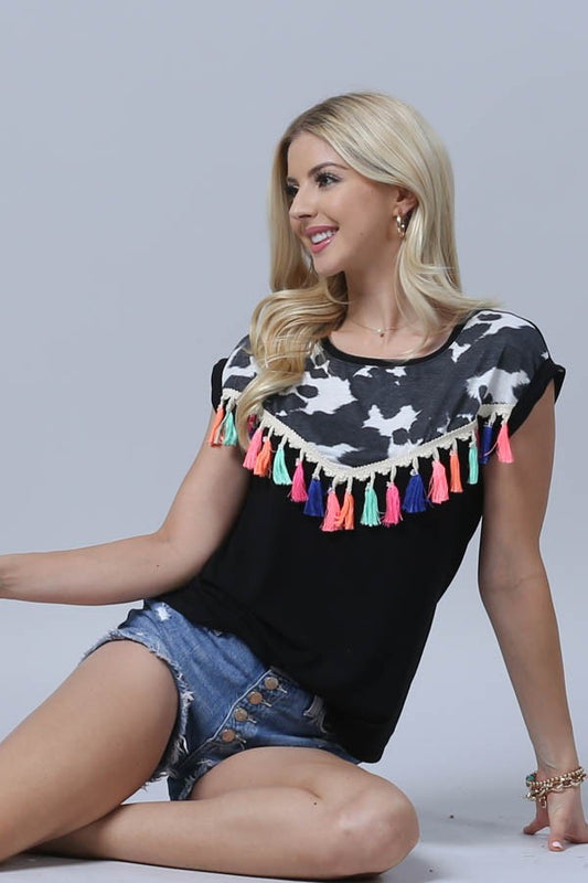 Cow Print Tassel Trim Top