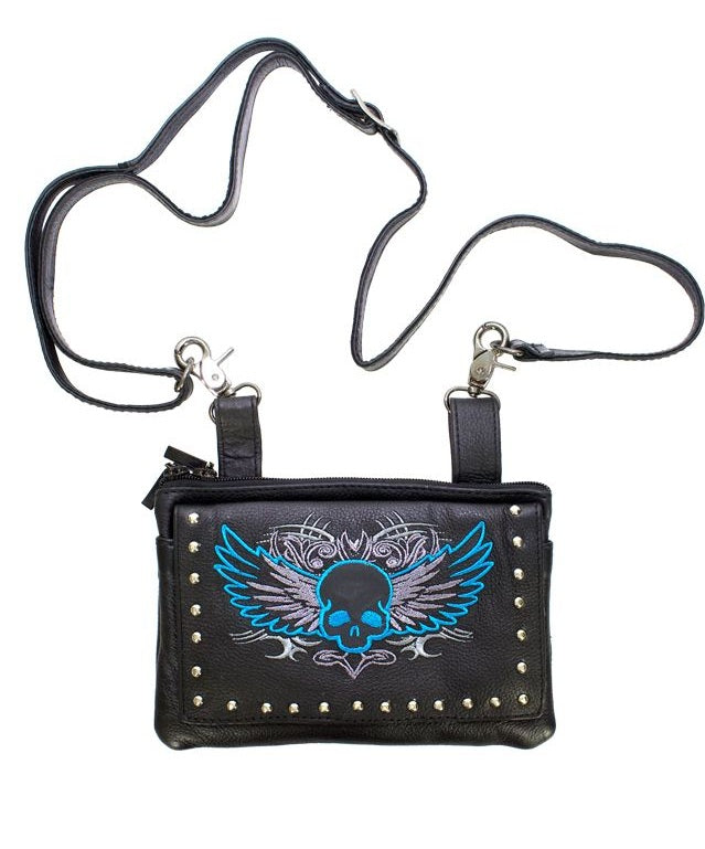 Studded Naked Cowhide Leather Turquoise Skull Belt Bag