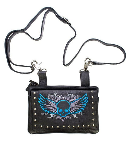 Studded Naked Cowhide Leather Turquoise Skull Belt Bag
