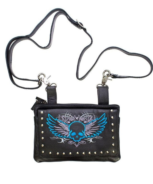 Studded Naked Cowhide Leather Turquoise Skull Belt Bag
